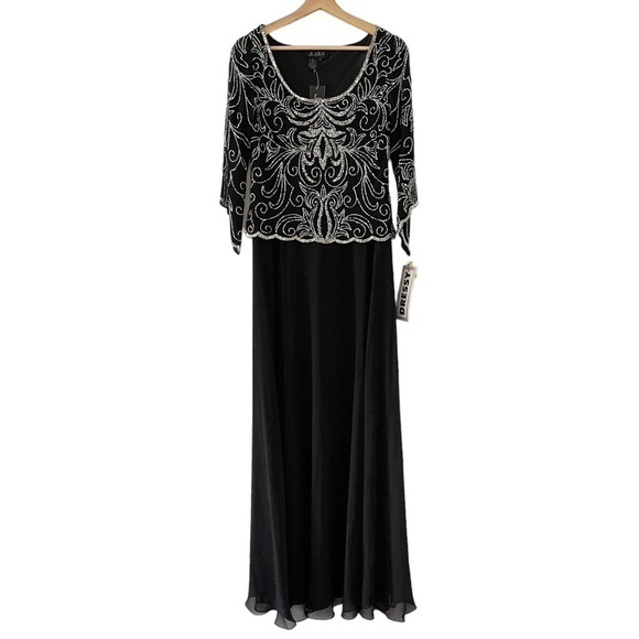J Kara Round Neck 3/4 Sleeve Beaded Bodice Formal Dress Long Gown Black Womans 6 - Picture 1 of 10